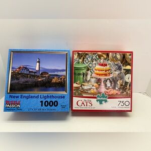 Lot Of 2 Puzzles:  New England Lighthouse 1000 Pieces & Cats 750 Pieces